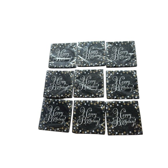 Lot of 9 Packages of Happy Birthday Luncheon Napkins 16 Count Each 2 Ply Black - Picture 1 of 2